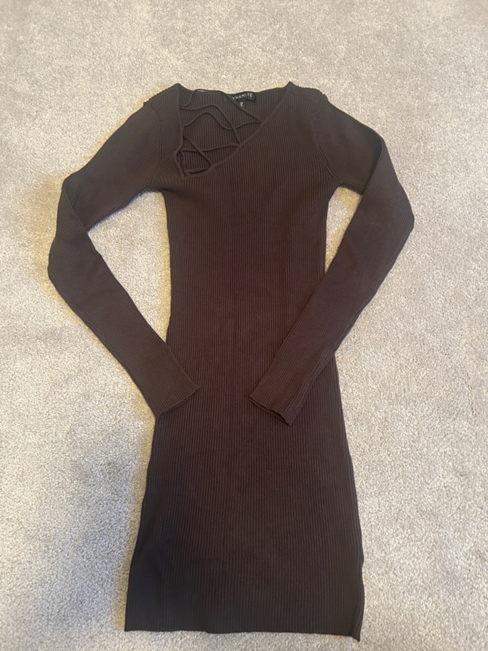 Long Sleeve Ribbed Knit Dress with Asymmetric Neck Detail - Brown